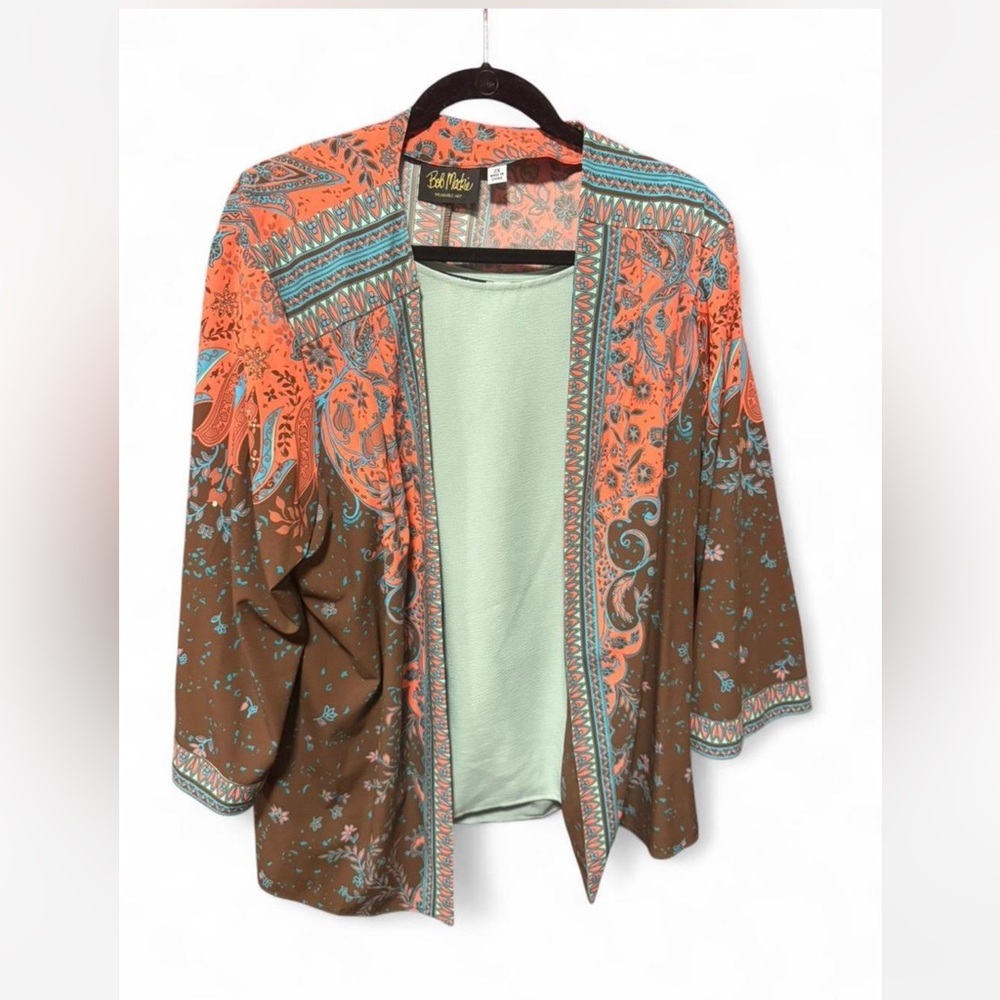 Bob Mackie wearable Art open front Kimono cardigan w/Bob Mackie Sage Green Tank